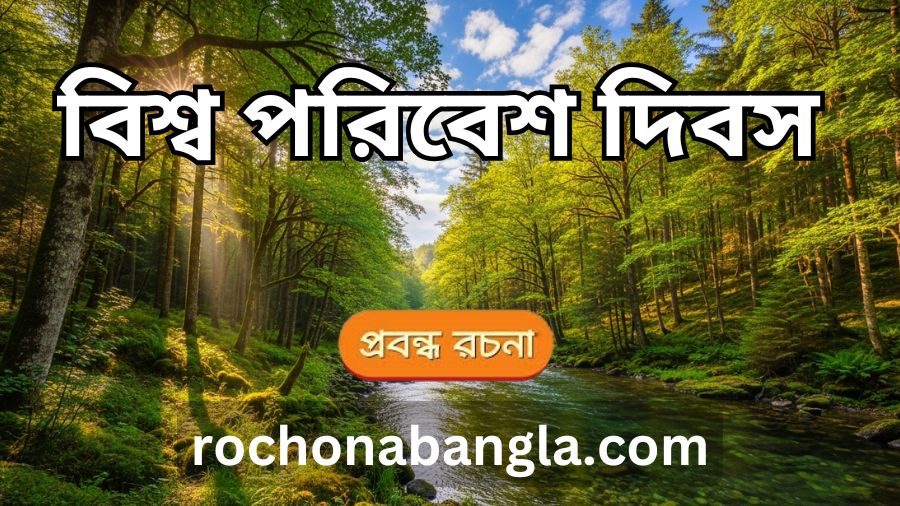 Lush Green Forest with River and Blue Sky – Symbol of World Environment Day Lush green forest with sunlight and a clear river under blue sky representing environmental conservation